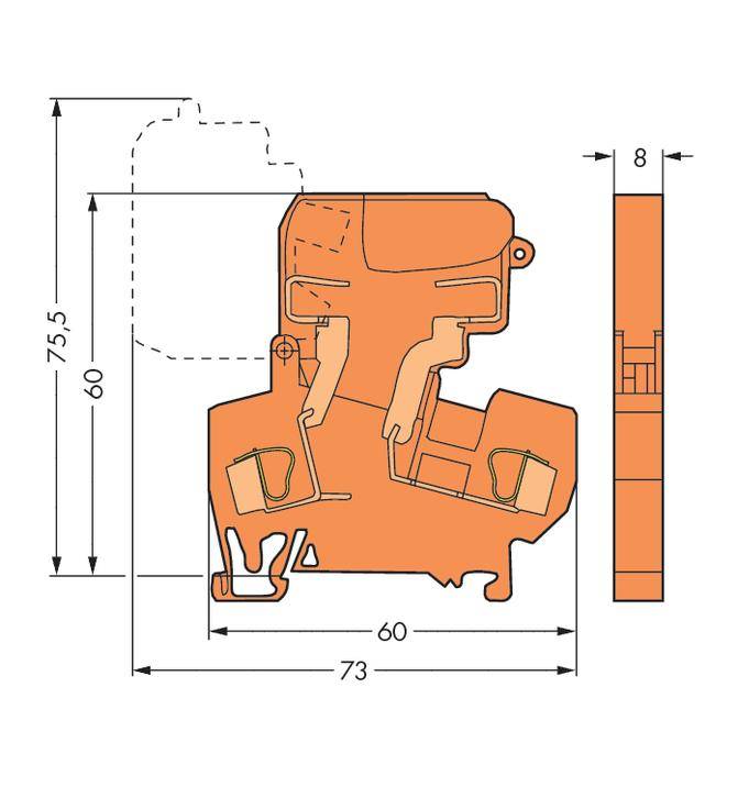 Dessin technique d'un profil orange avec cotations : 75,5 x 60 mm. Vue latérale montrant un détail de 8 mm de large.