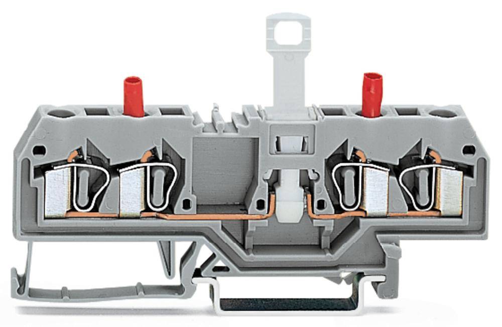 Barrette de connexion électrique grise avec rails de cuivre et bornes à vis, adaptée pour la connexion et la sécurisation des lignes électriques.