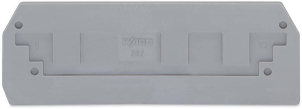 Embout de terminaison gris WAGO pour blocs de bornes, de forme rectangulaire, frappé d'un logo d'entreprise distinctif en son centre.