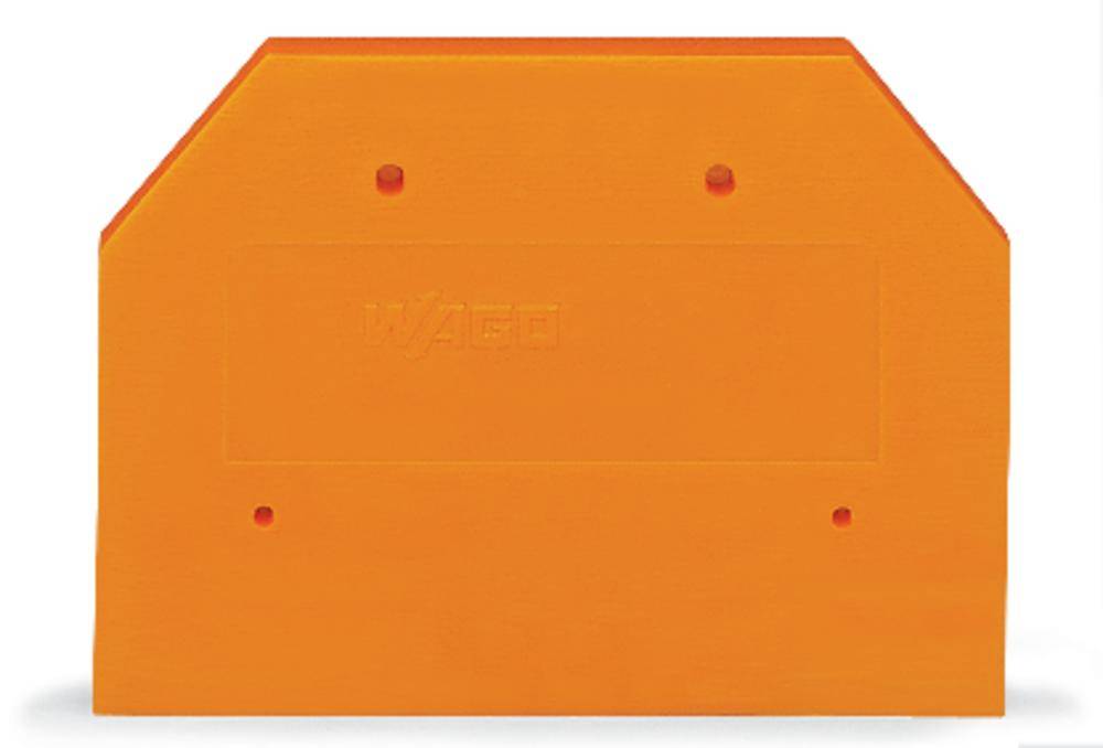 Article en plastique orange, de forme rectangulaire, avec des coins supérieurs biseautés et cinq découpes circulaires, sans textures visibles.