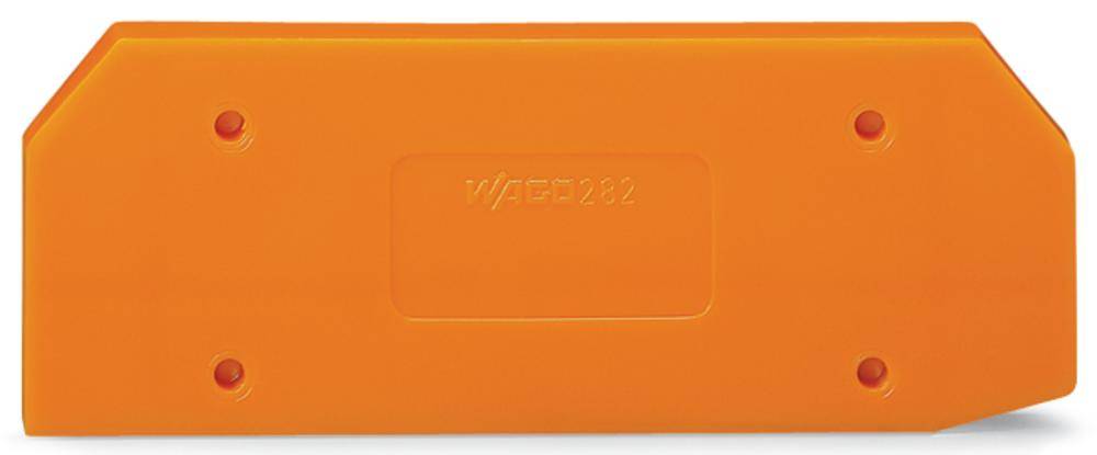 Couvercle en plastique orange portant l'inscription 'WAGO 282', de forme rectangulaire avec des coins biseautés et quatre cavités circulaires.