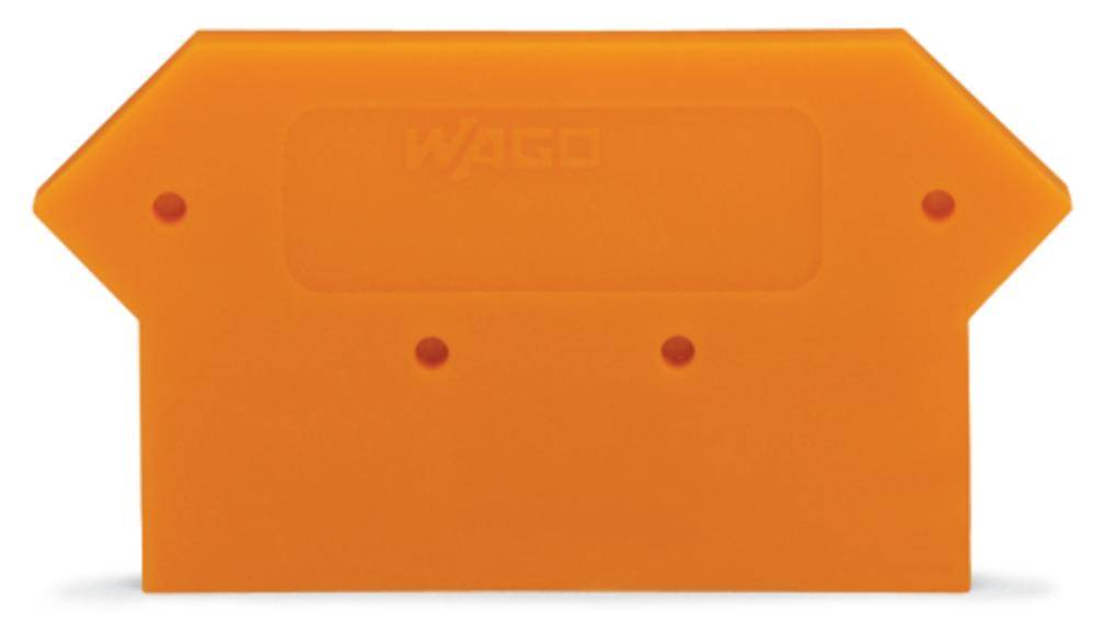 Plaque de séparation orange avec coins biseautés et trois cavités, servant à l'isolation électrique et à l'organisation dans un boîtier de distribution.