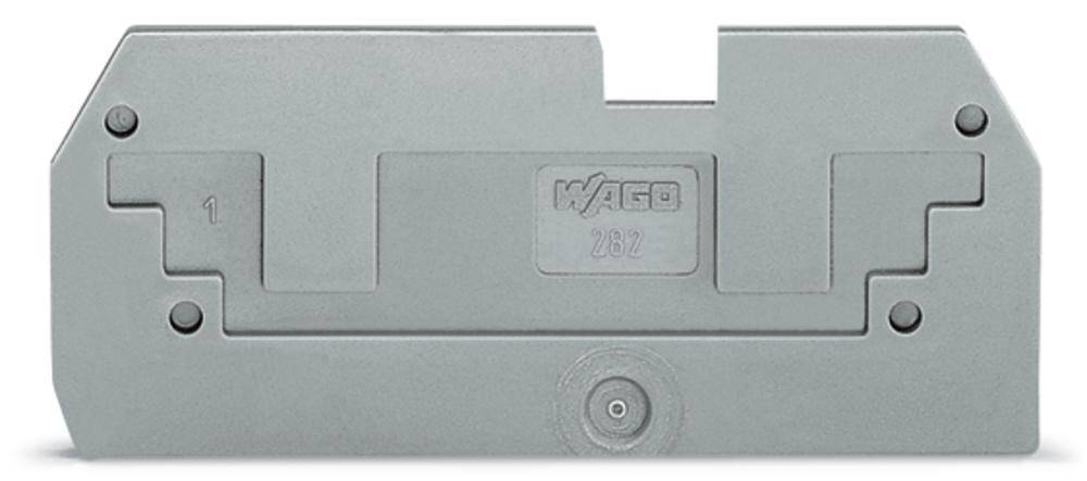 Appareil de commutation industriel avec boîtier gris, forme rectangulaire, logo de marque gravé au centre.