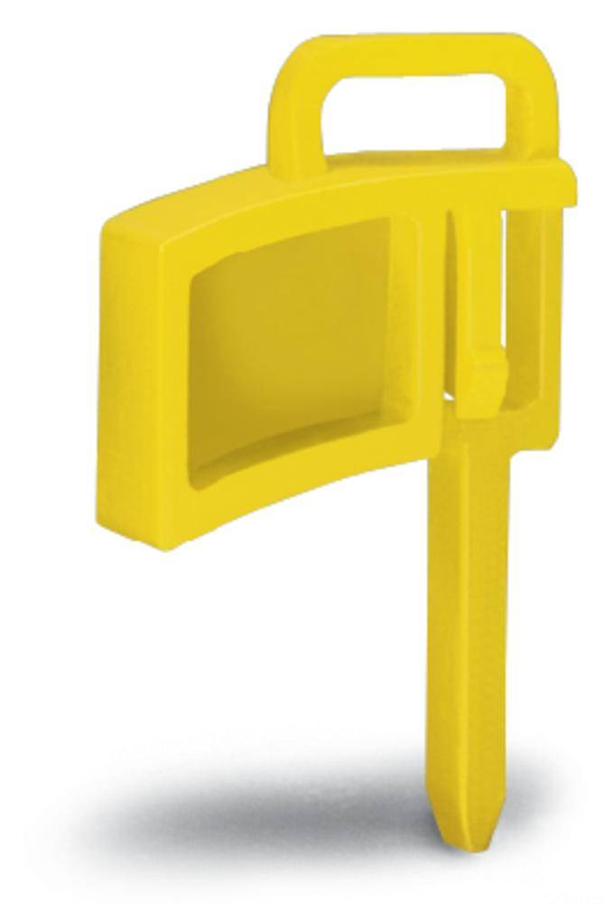 Un poteau en plastique jaune avec un panneau rectangulaire au sommet. Utilisé pour le marquage ou comme indication.