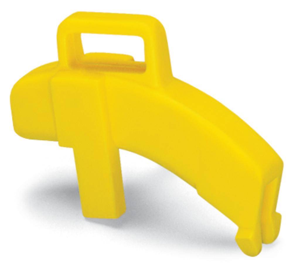 Un dispositif de verrouillage de sécurité jaune pour condamner les vannes, utilisé pour prévenir les accidents dans les environnements industriels.