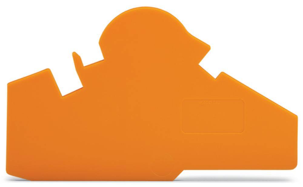 Forme en plastique orange de design géométrique, possiblement un composant ou un outil, sans fonction ou inscription apparente.