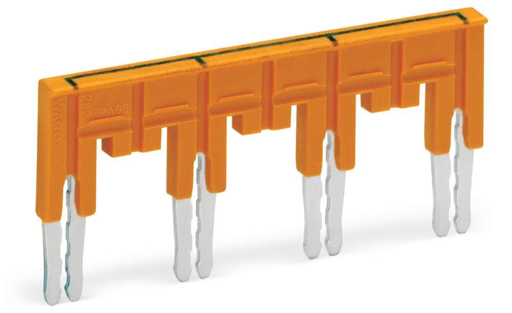 Un connecteur de pont de peigne électrique jaune avec six connexions métalliques pour relier des circuits électriques sur des borniers.