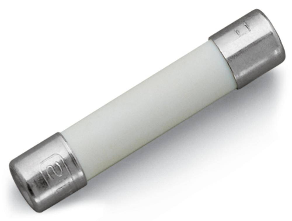 Un fusible cylindrique blanc avec des capuchons métalliques aux extrémités, sur un fond blanc.