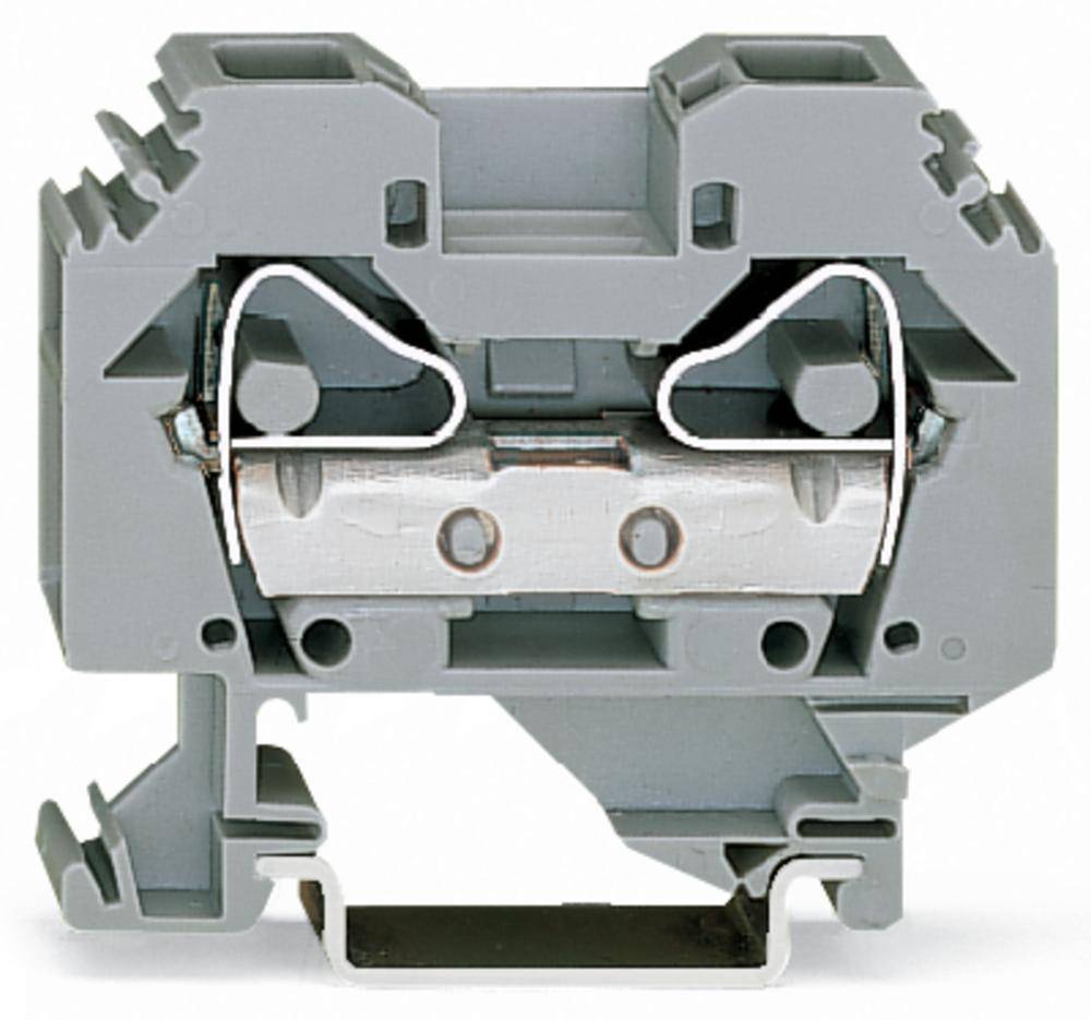 Bloc de bornes électrique gris de série pour la connexion de lignes électriques, avec insertions métalliques et dispositifs de fixation.