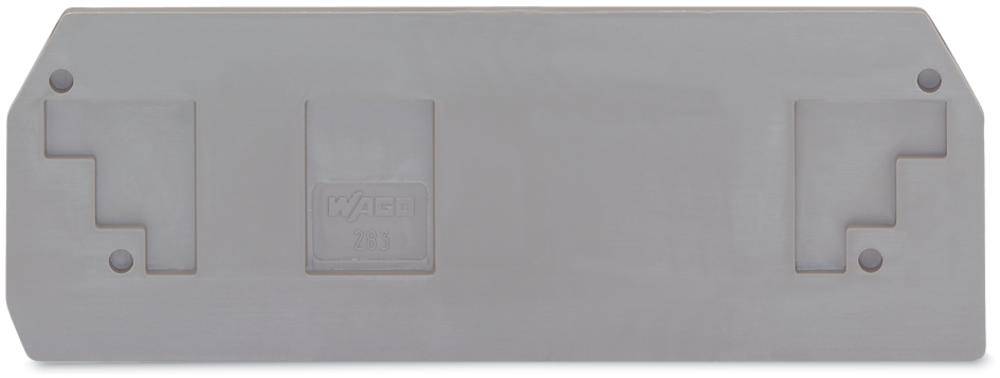 Couvercle en plastique gris avec des ouvertures rectangulaires aux coins. Un logo estampé est présent au centre.