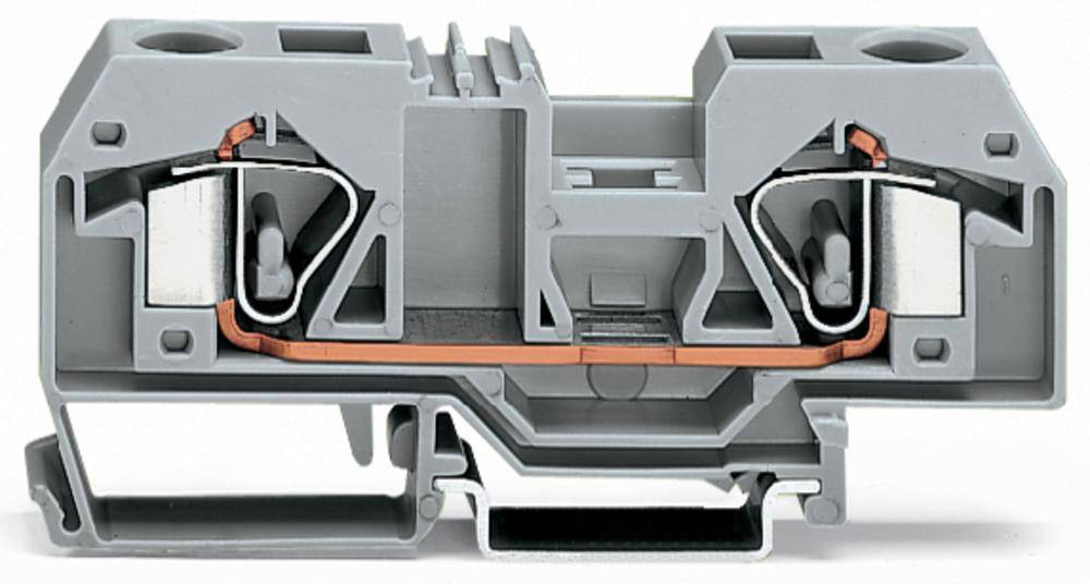 Pince de connexion électrique grise avec contacts métalliques pour raccordements de câbles, montrant le mécanisme interne et la structure du matériau.