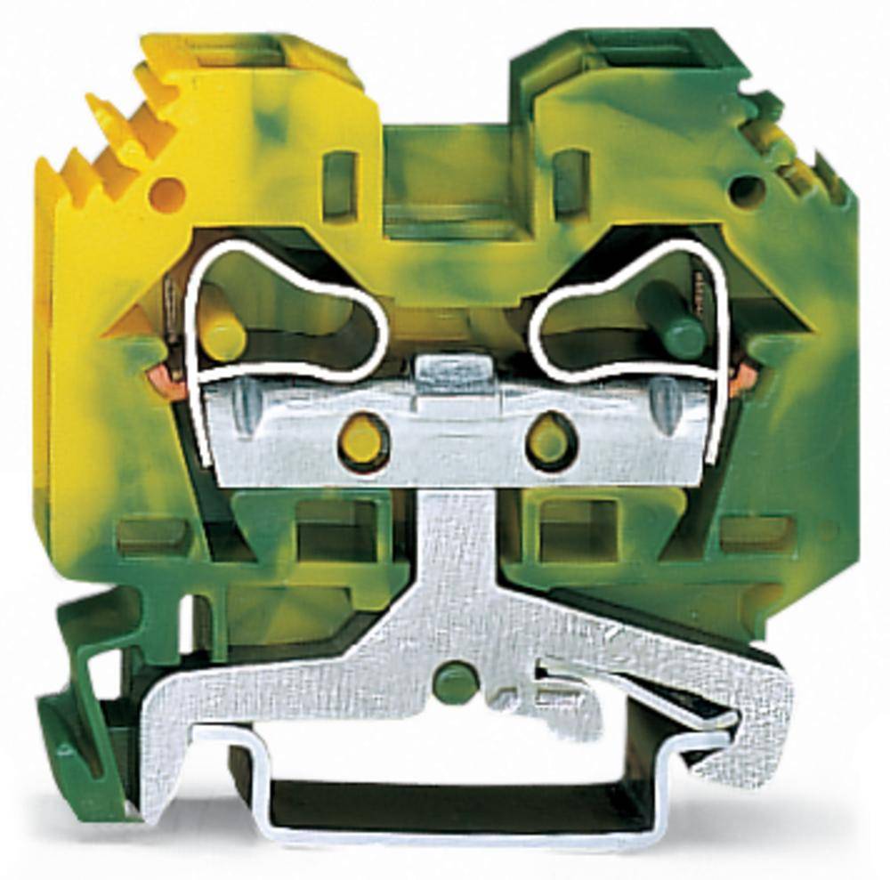 Un connecteur de borne de série jaune et vert. Il présente un dispositif de connexion métallique et est typique des installations électriques.