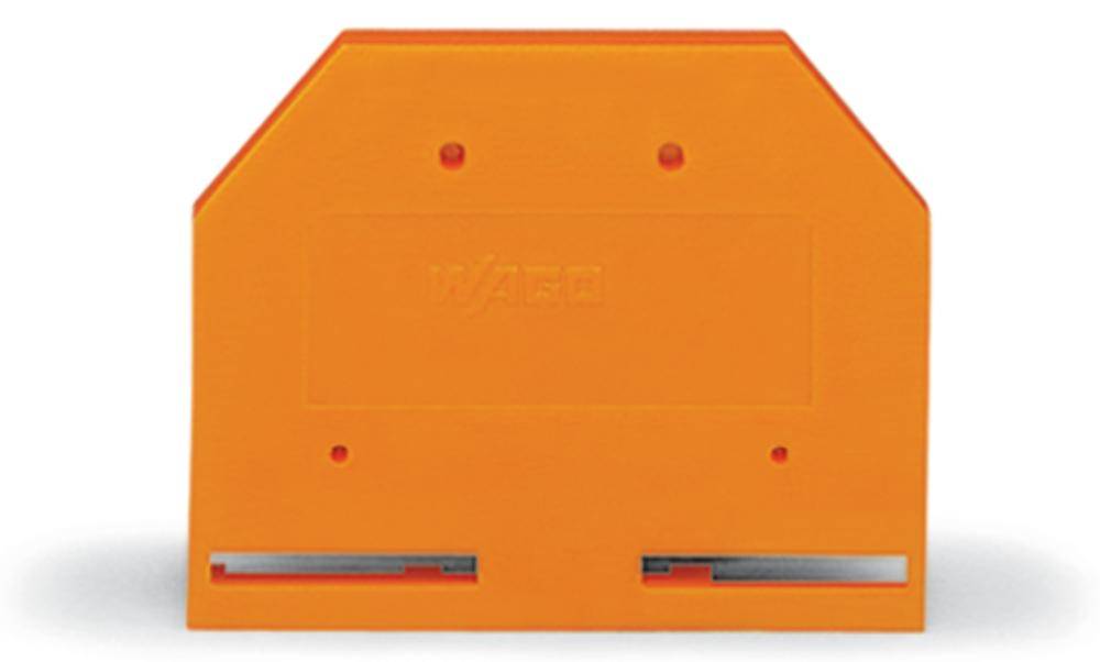 Un outil en plastique orange avec deux lames métalliques sur le bord inférieur, probablement utilisé pour couper ou dénuder des câbles.