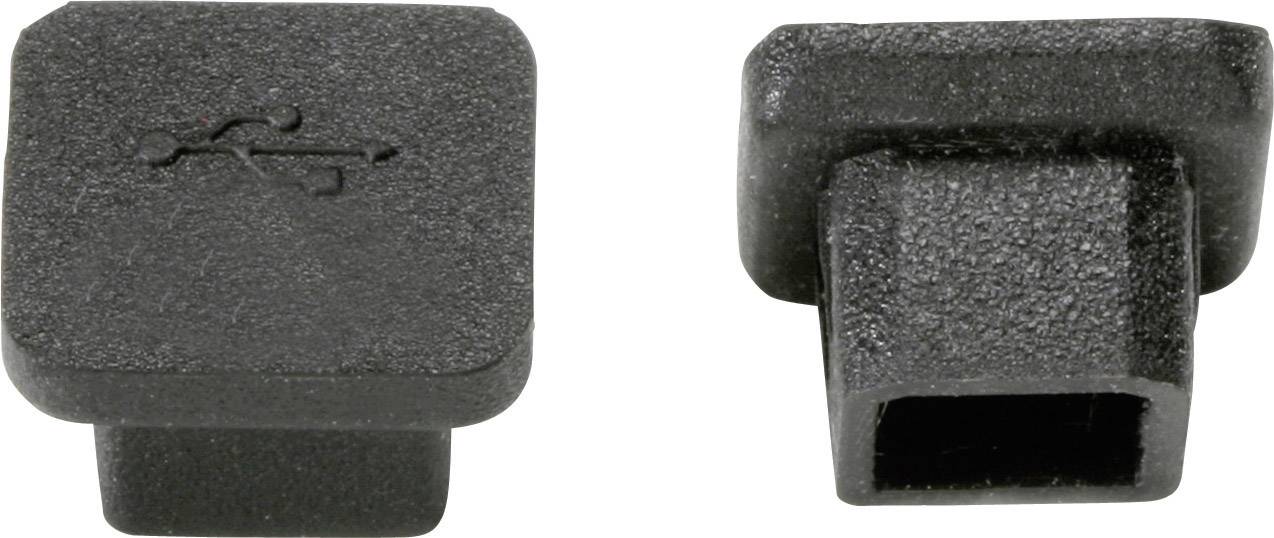 Deux cache-ports USB noirs. À gauche, le dessus avec le symbole USB, à droite la face qui couvre le port.
