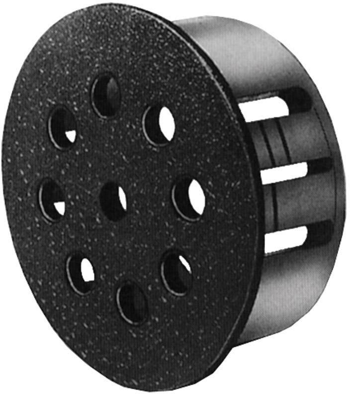 Pièce noire et circulaire avec plusieurs ouvertures circulaires et fentes sur le côté, probablement destinée à la ventilation ou au passage de câbles.