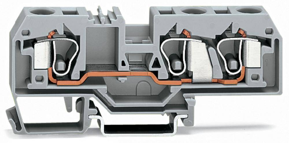 Barrette de bornes électrique grise avec connexions en cuivre et bornes à vis. Utilisée pour le câblage structuré dans les armoires électriques.
