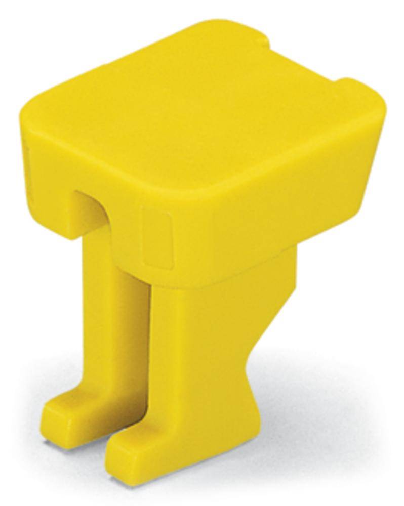 Un petit adaptateur en plastique jaune avec une ouverture en forme de U, adapté pour protéger ou couvrir des contacts électroniques.