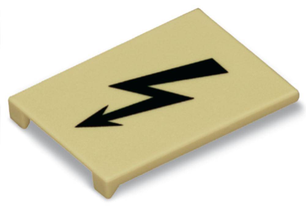 Un panneau rectangulaire beige avec un symbole de flèche de foudre noir indique un danger ou une mise en garde, probablement un risque électrique.