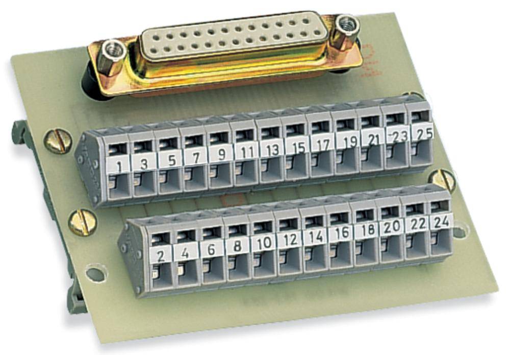 Une platine de connexion électrique avec deux rangées de bornes numérotées (1-24) et un connecteur supérieur à plusieurs broches.