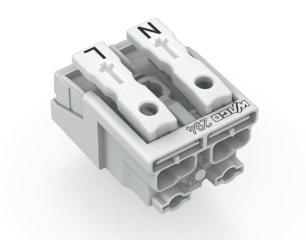 Un connecteur électrique gris de la marque WAGO, modèle 294, équipé de deux leviers blancs marqués 'N' et 'L'.