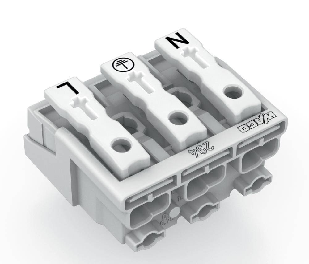 Barrette de connexion électrique blanche à trois broches portant les marquages 'L', '⏚' et 'N'.