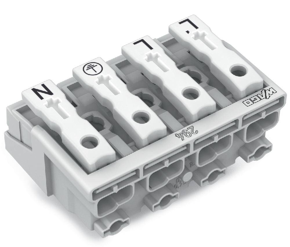 Borne électrique grise avec quatre bornes blanches, étiquetée 'N', symbole de terre, 'L', 'L1', 'WAGO 294'.