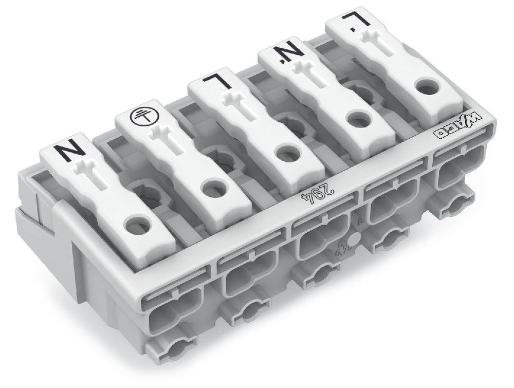 Un bloc de bornes WAGO gris, modulaire, avec cinq connexions, étiqueté avec des symboles et des lettres L, N, symbole de terre, pour le câblage.