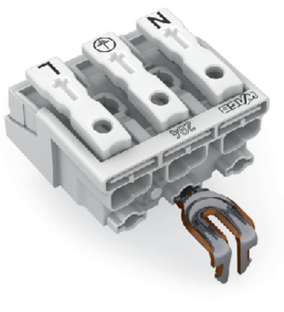 Borne de connexion en plastique blanc avec deux broches métalliques en bas et trois marquages en haut : 'T', 'N' et un symbole électrique.