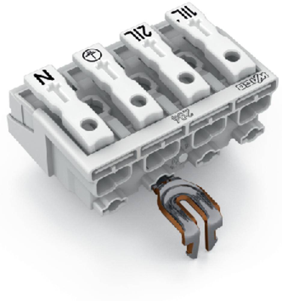 Une prise électrique blanche à quatre entrées, marquée 'N', 'L1', 'L2', 'L3', avec une pince de terre en forme de U en bas.