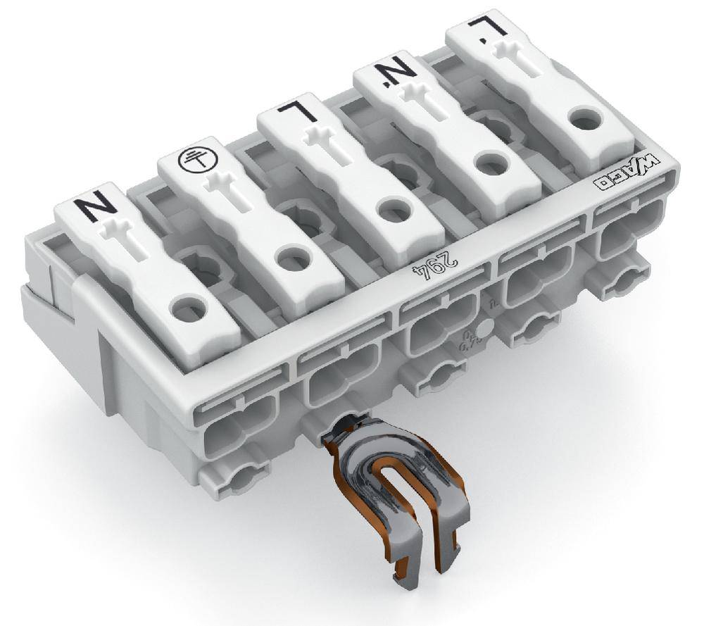 Un bloc de bornes électrique avec les étiquettes 'N', symbole de mise à la terre, 'L', 'N', 'L' sur les leviers blancs, pour la connexion de câbles.