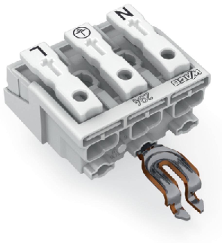 Bloc de connexion avec trois bornes blanches, marquées 'L', 'N' et le symbole de terre. Fil de cuivre connecté à l'extrémité inférieure.