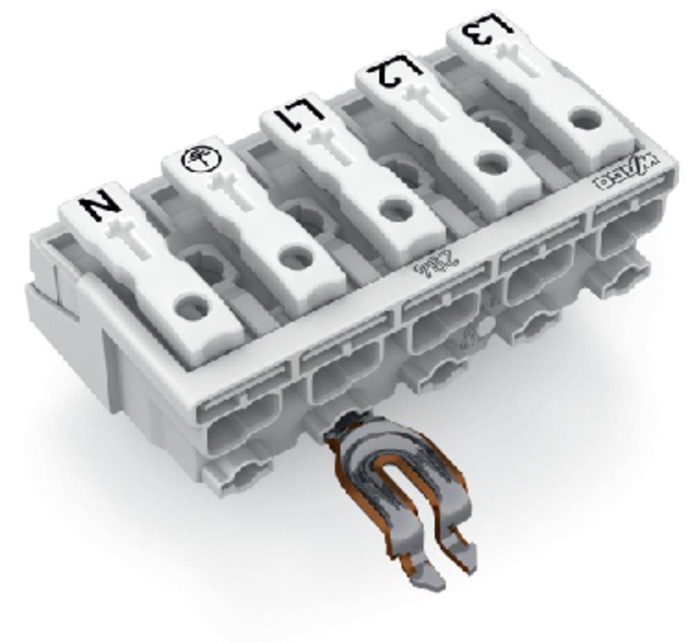 Un bornier électrique blanc à cinq pôles portant les étiquettes 'N, L1, L2, L3' sur ses connexions. Une pince métallique est fixée à sa base.