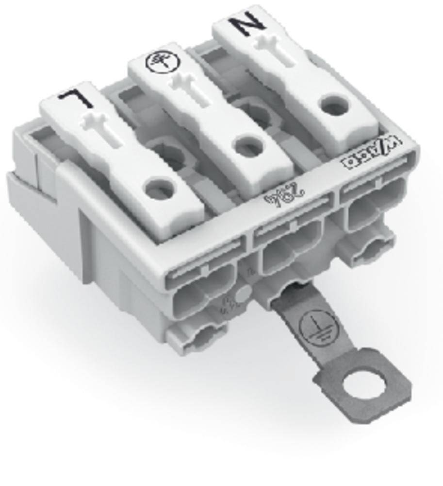 Un bloc de connexion électrique gris avec trois bornes, étiqueté L, N et le symbole de mise à la terre, est présenté.