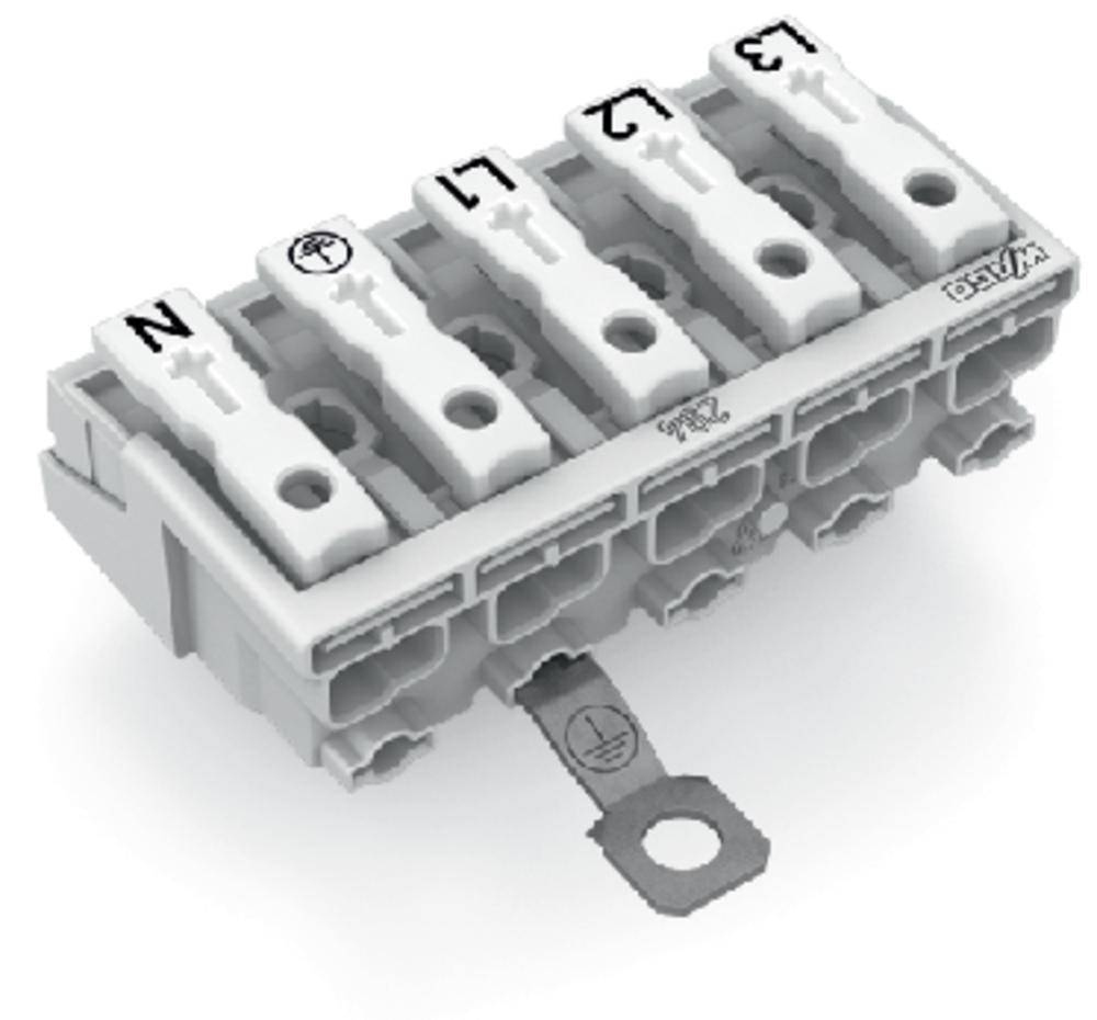 Bloc de connexion électrique avec cinq bornes numérotées de N à L3. Comprend une connexion de mise à la terre et un filetage de vis pour un montage sécurisé.
