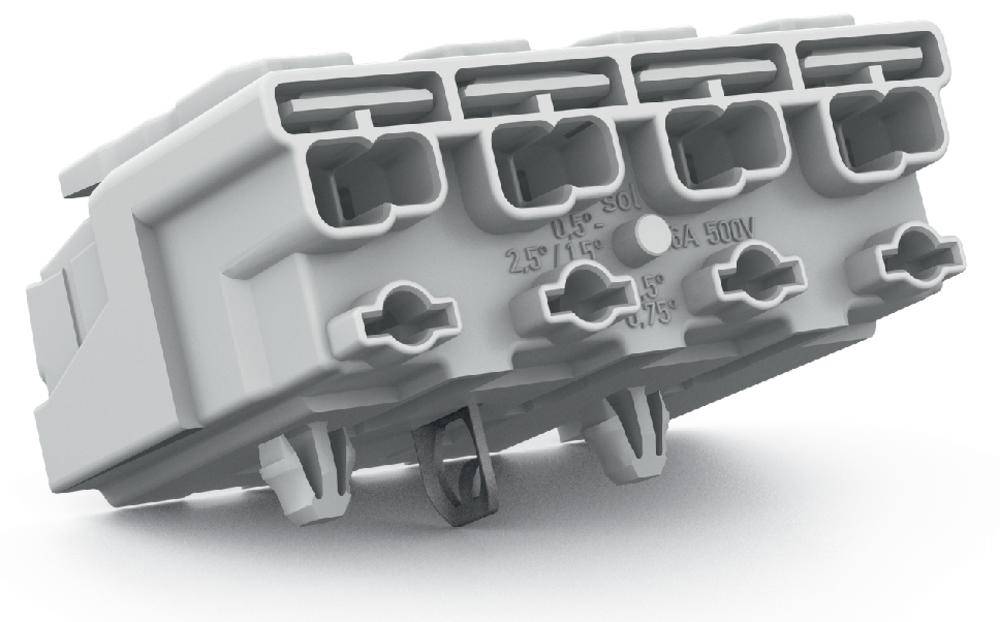 Un connecteur électrique blanc multibroche, adapté pour des tensions allant jusqu'à 500V, représenté dans une vue en perspective.