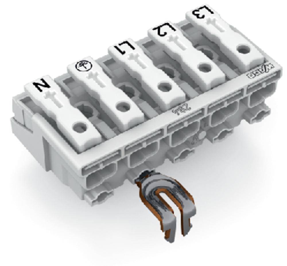 Un composant électronique avec cinq ports numérotés (N, terre, L1, L2, L3) et une bride servant à sécuriser les connexions.