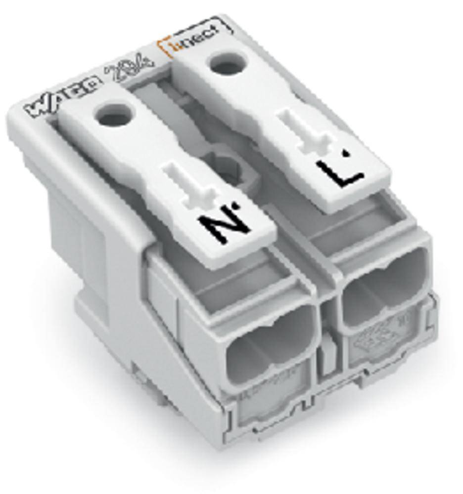 Deux bornes de raccordement blanches WAGO avec les étiquettes 'N' et 'L' sur un boîtier gris, destinées aux connexions électriques.