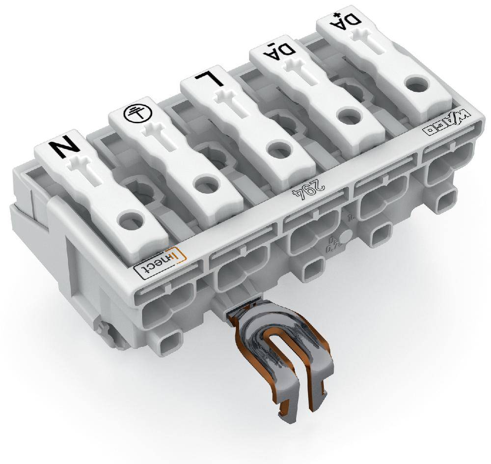 Bornier de luminaire à 5 pôles de WAGO avec bornes marquées : N, PE, L, DA, DA ; adapté pour le raccordement électrique des luminaires.