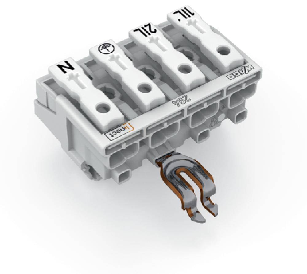 Bloc de connexion électrique avec 4 bornes, marqué N, PE et deux chiffres. Adapté pour connecter des câbles électriques.