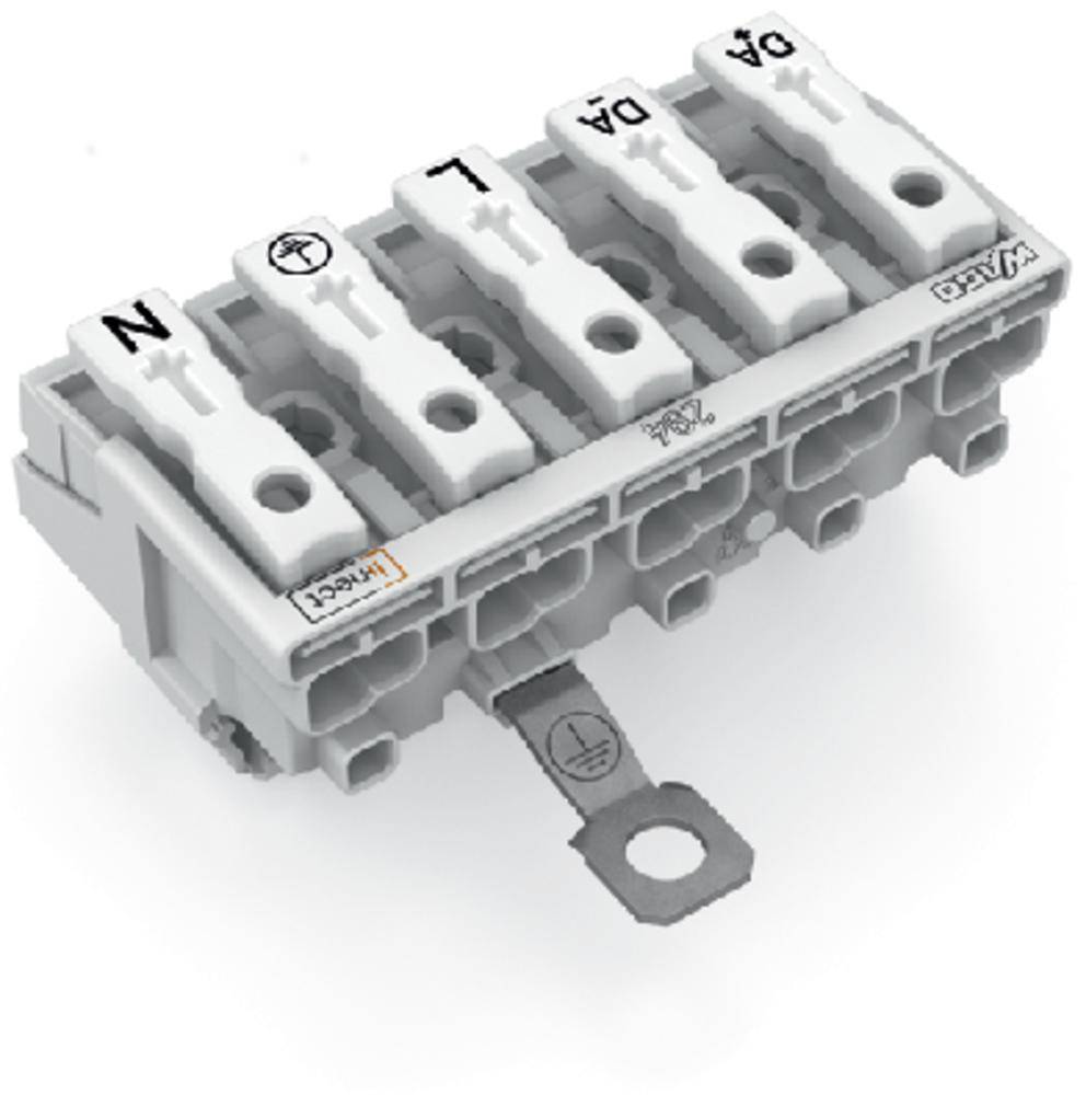 Borne électrique blanche avec entrées multiples, portant les étiquettes 'N', 'L', 'DA'. Elle offre des connexions flexibles.