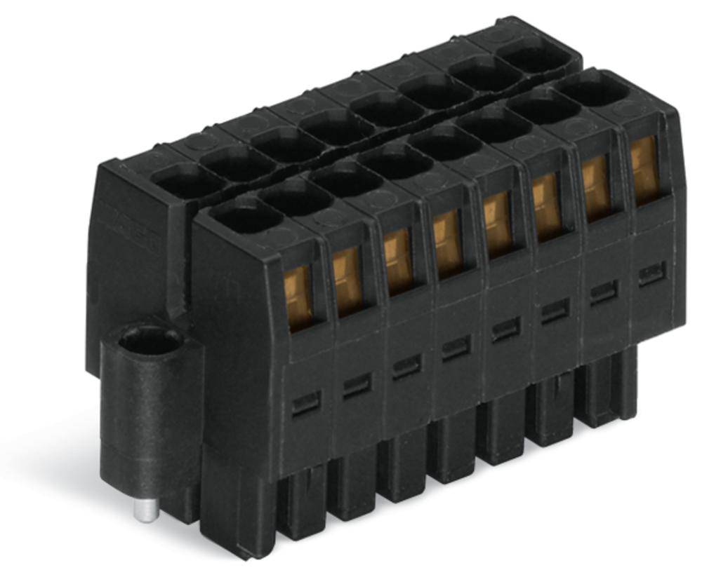 Connecteur noir à dix broches disposées en deux rangées, avec un dispositif de fixation sur le côté. Adapté pour les connexions électroniques.