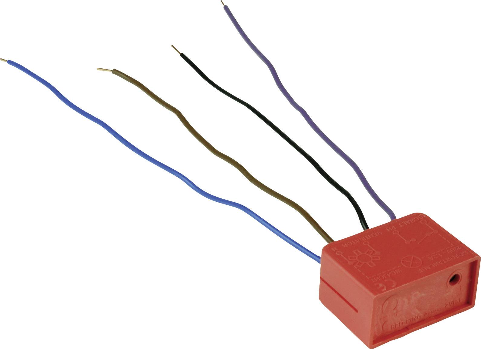 Un composant électrique rouge avec cinq câbles de différentes couleurs : bleu, violet, marron, noir et bleu.