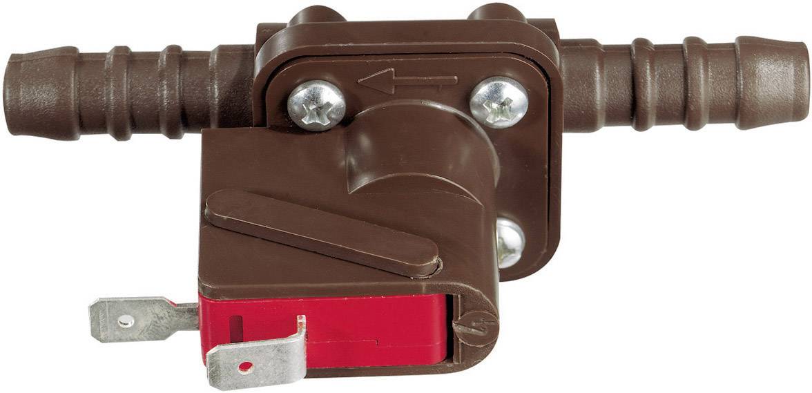 Compteur de débit en plastique marron avec indication de flèche et deux entrées de tuyau. Connexions électriques sur le composant rouge.