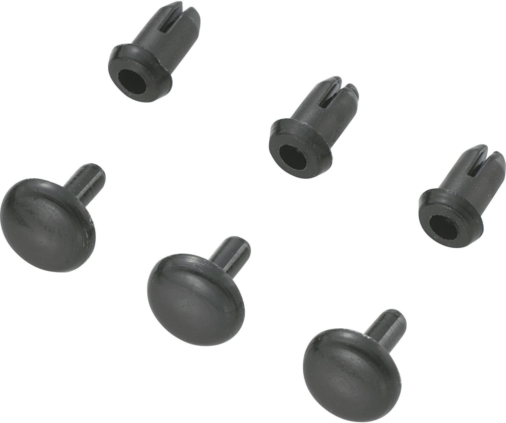 Six rivets en plastique noir sur fond blanc, différentes vues des têtes et des tiges de rivets, adaptés pour des fixations.