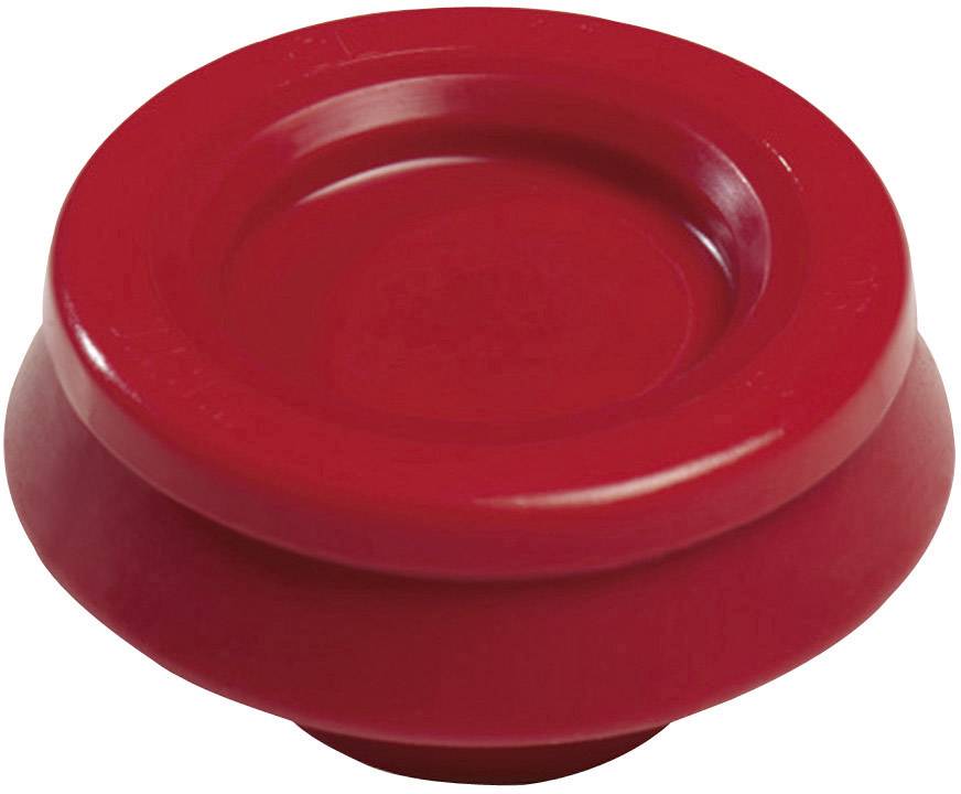Un bouton rond rouge en plastique qui ressemble à un interrupteur ou un couvercle.