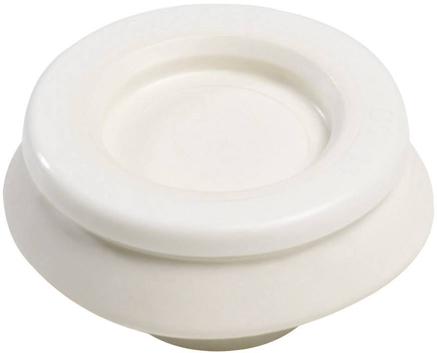 Un couvercle blanc et rond, avec un centre surélevé, qui peut servir de fermeture pour un récipient.