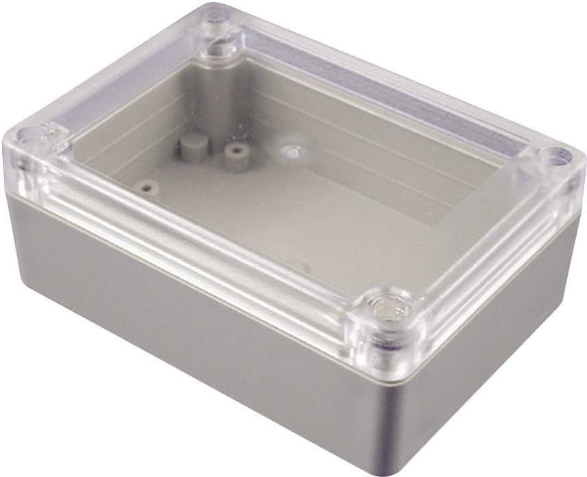 Boîtier rectangulaire transparent en plastique avec un fond gris, adapté au montage électronique et aux connexions de câbles.