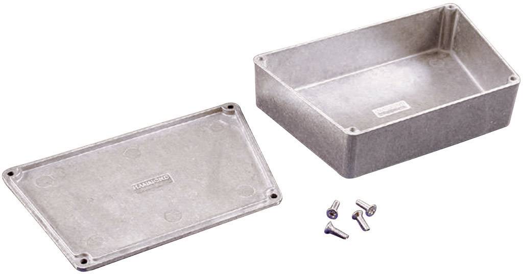 Boîtier métallique composé de deux parties : une base rectangulaire et un couvercle, avec quatre vis à côté.