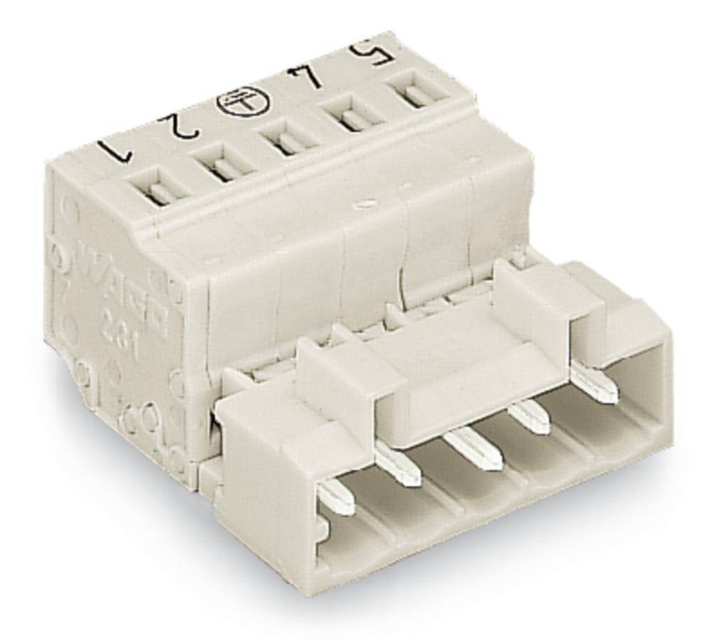 Un connecteur blanc à quatre entrées, étiqueté avec '1', '2', '3', '6', 'L', '+' et un symbole. La vue de face montre les contacts de connexion.