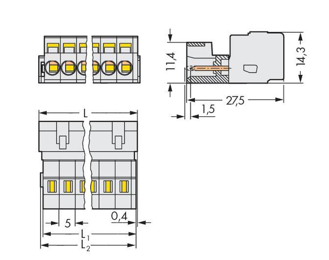 Dessin technique d'un connecteur avec dimensions : 11,4 x 14,3 x 27,5 mm. Vue en coupe détaillée en haut à droite.